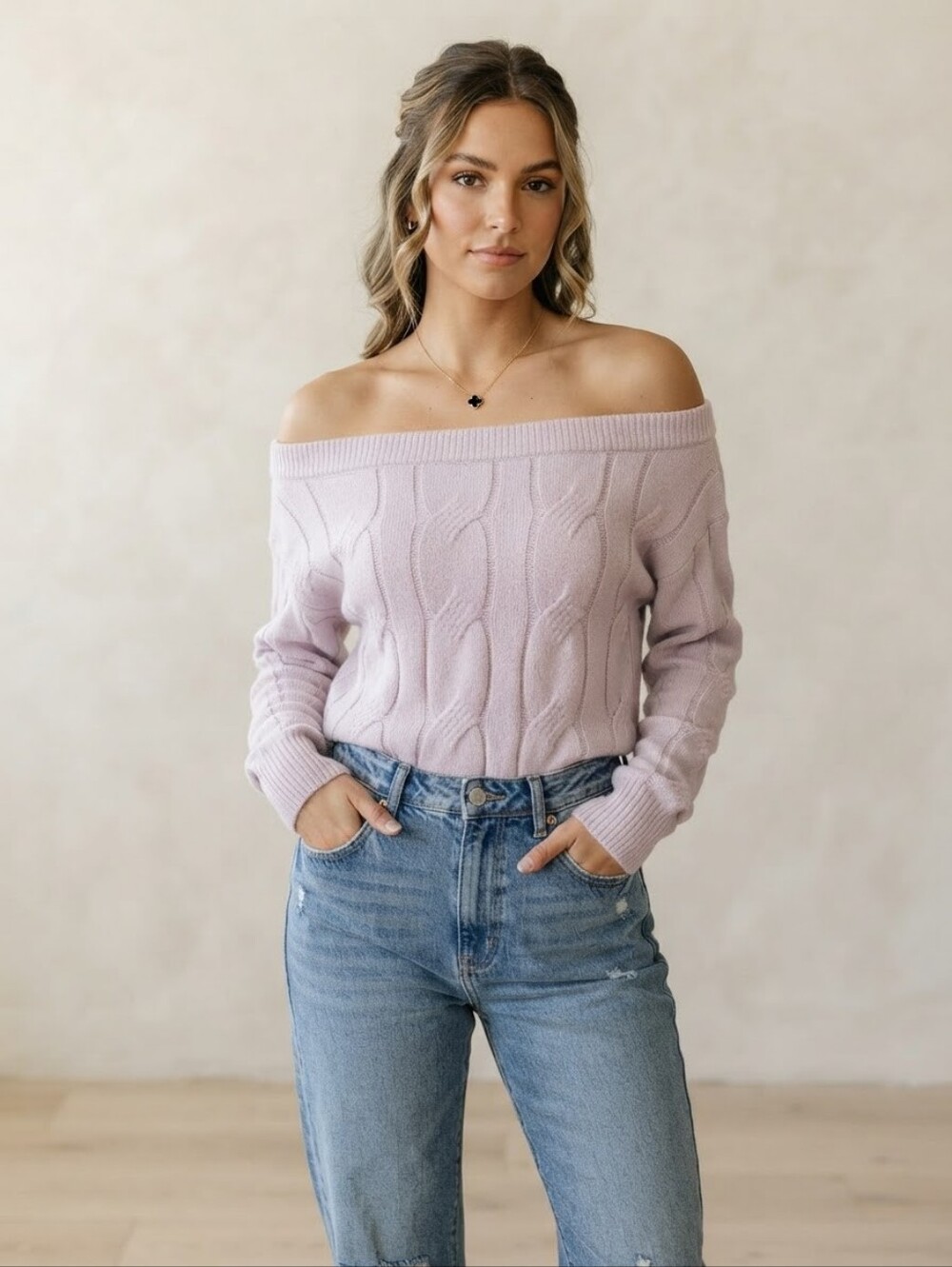 Garage Off-the-Shoulder Cable Knit Sweater - Light Lilac